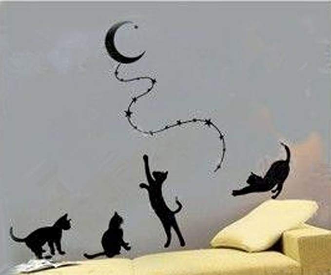 4 Cats Reaching the Moon Wall Sticker Decal Home Decor for Living Bed Room Study, Black