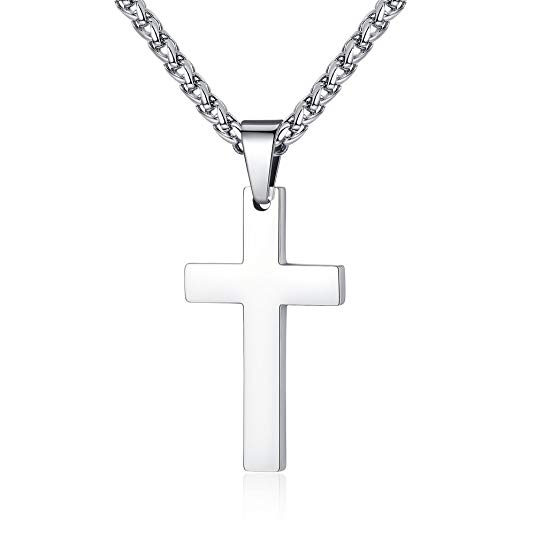 FOSIR Jewelry Simple Cross Necklace Stainless Steel Pendant for Men Women with Wheat Chain 22 24 Inch