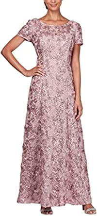 Alex Evenings Women's Long Rosette Lace Cap Sleeve Gown