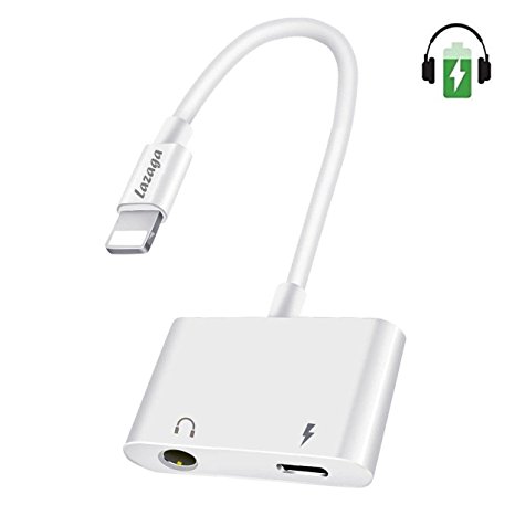 Lightning Cable Headphones Adapter,Lazaga Dual Function Lightning Adapter Splitter   3.5mm Headphone Jack, 2 In 1 Lightning to 3.5mm Audio Jack and Charger Adapter for iPhone 7/7 Plus (White)