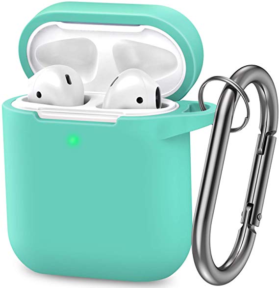 AirPods Case, Silicone Cover with U Shape Carabiner,360°Protective,Dust-Proof,Super Skin Silicone Compatible with Apple AirPods 1st/2nd (Mint Green)