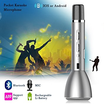 Wireless Karaoke Microphone, Wireless Bluetooth Speaker, Greatever K088 Karaoke Player for Home KTV,Outdoor Party,Mini KTV,Music Playing,Singing,Recording,for IOS,Android Silver