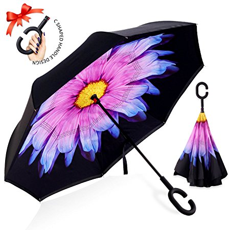 ZOMAKE Double Layer Inverted Umbrella Cars Reverse Umbrella, UV Protection Windproof Large Straight Umbrella for Car Rain Outdoor With C-Shaped Handle