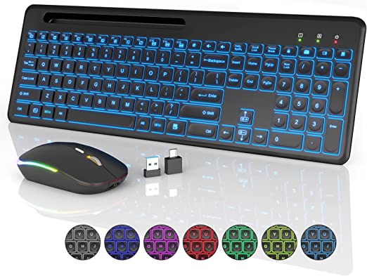 Wireless Keyboard and Mouse with 7 Colored Backlits, Phone Holder - Super Slim Keyboard with Silent Keys - Rechargeable Cordless Mouse Combo for MacBook, PC, Laptop, Chromebook, by SABLUTE