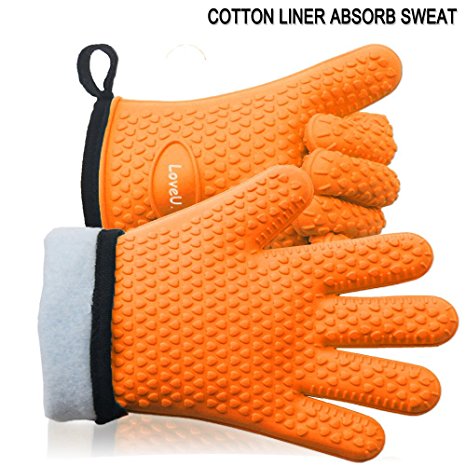 LoveU. Oven Mitts - Silicone and Cotton Double-layer Heat Resistant Gloves / Silicone Gloves / Oven Gloves / BBQ Gloves - Perfect for Cooking Baking and Grilling - 1 Pair (Orange)