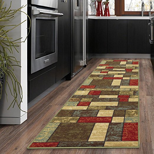 Ottohome Collection Multi Color Contemporary Boxes Design Non-slip Runner Rug (2'7''x10') 31 Inch By 120 Inch Hallway Runner