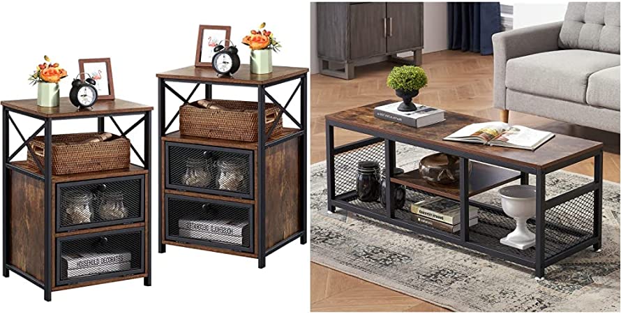 VECELO Modern Night Stand, End Side Table, Set of 2, Rustic Brown & VECELO 47" Coffee Table with Storage Shelf for Living Room Industrial Wood and Metal Frame Easy Assembly Brown