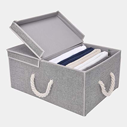 StorageWorks 65L Closet Storage Organizer with Strong Cotton Rope Handle, Storage Boxes with Lid, Double-Open Lid, Gray, Cotton Fabric Box, Jumbo