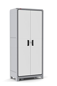 Keter Optima Wonder 72 x 31 x 18 in. Free Standing Plastic Tall Storage Cabinet with 4 Adjustable Shelves, White & Grey