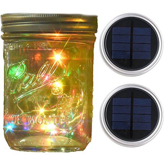 Mason Jar Lights Wide Mouth,Outdoor Solar Powered Lights Sliver Lid Multi-colored Solar Fairy Light String Light Flashing Light,2 Pack 10 LED Party Wedding Christmas Garden Home Patio Path Tree Decor