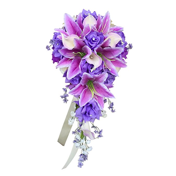 Cascade Wedding Bouquet - Lavender ivory artificial Rose, Lilies with real touch artificial Calla Lily