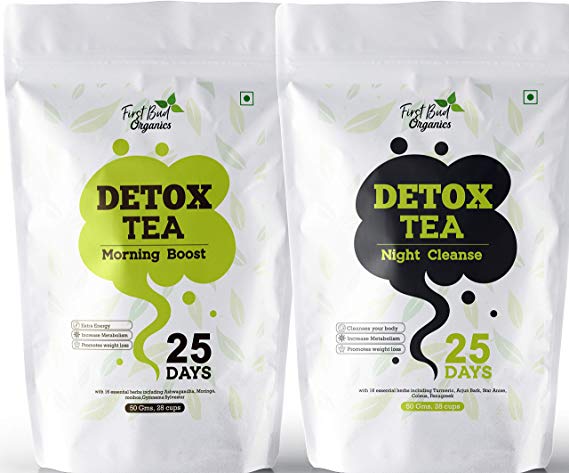 First Bud Organics Detox Tea 100 gm -25 Days and Night Combo Detox Tea for Weight Loss and Skin Glow l Boost Your Energy and Colon Cleanse with with Garcinia Cambogia & Turmeric l Green Tea Detox
