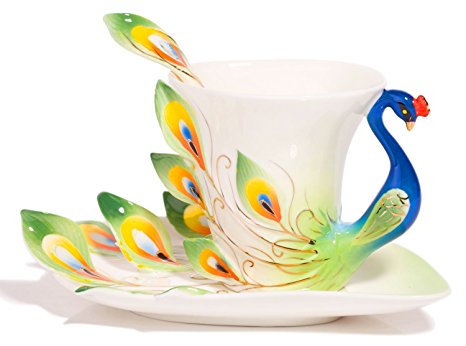 Coffee Cup,Hand Crafted Porcelain Enamel Graceful Peacock Tea Coffee Cup Set with Saucer and Spoon, Green By Angel's Wings