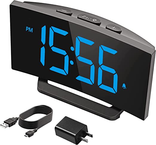 Digital Alarm Clock, Curved LED Electronic Clocks with 6 Custom Brightness, 3 Adjustable Alarms, Snooze Model, 12/24Hr, Battery Backup Desk Clock for Office Table Bedroom Nightstand