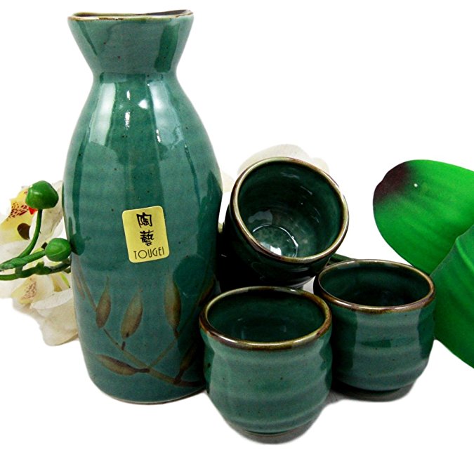 Atlantic Collectibles Japanese 12oz Ceramic Green Wetlands Reed Rice Wine Sake Set Flask With Four Cups