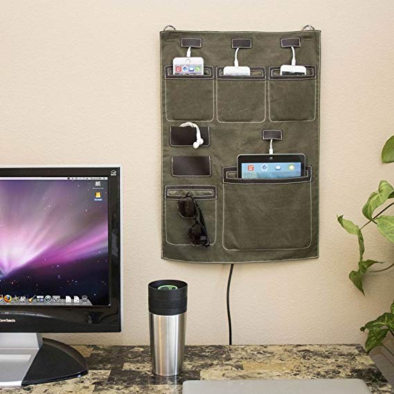 Wally Hanging Wall Organizer For Smartphones, Tablets, and Small Electronics, For All iPhones, Galaxies, iPads. Multiple Options Available - Olive with 4-Port USB Power Strip