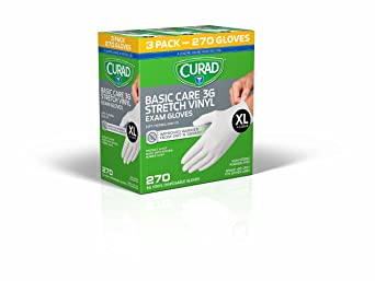 Curad Disposable, Basic Care, 3G Stretch, Vinyl Exam, Gloves - Latex Free, Medical Grade, Non-Sterile, Powder Free, X-Large, 90 Count (3-Pack)