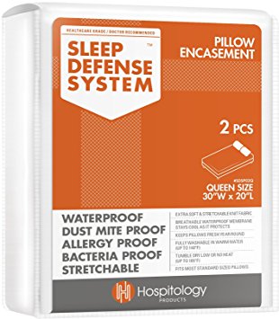 Hospitology Sleep Defense System Waterproof / Dust Mite Proof Pillow Encasement, Set of 2, 20-Inch by 30-Inch, Queen