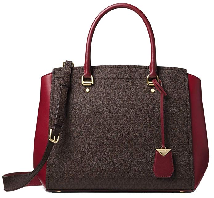 MICHAEL Michael Kors Benning Large Logo And Leather Satchel Brown/Red