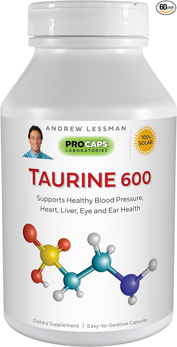 ANDREW LESSMAN Taurine 600-60 Capsules – Supports Healthy Blood Pressure, Heart, Liver, Eye and Ear Health. Pure, High Potency Source of The Amino Acid Taurine. No Additives