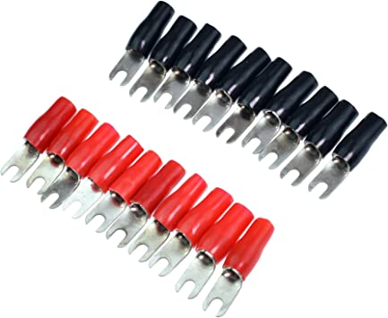 20pcs Barrier Spade Fork Terminal Connector 8 GA AWG Gauge Crimp Red Black Boots