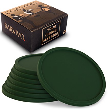 Drink Coasters by Barvivo Set of 8 - Tabletop Protection For Any Table Type, Wood, Granite, Glass, Soapstone, Marble, Stone Tables - Perfect Green Soft Coaster Fits Any Size of Drinking Glasses.