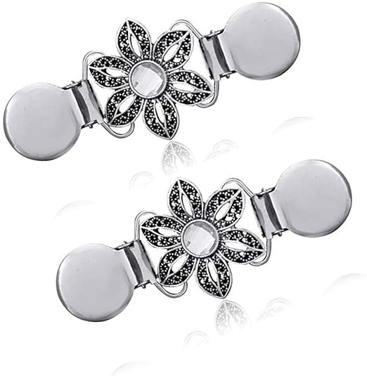 VIEEL 2 Pack Silver Sweater Shawl Clips Set Retro Cardigan Collar Clips Flowers Patterns Dresses Shawl Clip for Women Girls (Flower)