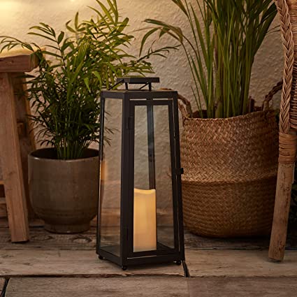 Lights4fun, Inc. Large Black Metal Solar Powered LED Fully Weatherproof Outdoor Garden Flameless Candle Lantern