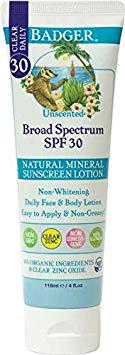 Badger, Sunscreen Lotion Natural Mineral Unscented SPF 30, 4 Fl Oz
