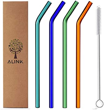 ALINK Glass Smoothie Straws, 9" x 10 mm Wide Reusable Bent Colored Straws, Pack of 4 with Cleaning Brush