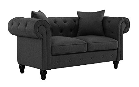 Divano Roma Furniture Classic Linen Fabric Scroll Arm Tufted Button Chesterfield Style Loveseat Couch (Dark Grey)