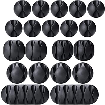 20 Pack Multipurpose Black Cable Clips Viaky Cord Management System, for Organizing Cable Cords Home and Office, Self Adhesive Cord Holders Desk Cable Organizer