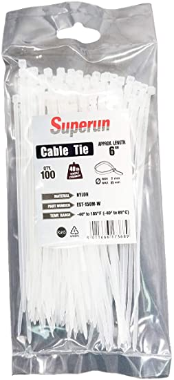 Superun 6 inch selflocking cable tie, 40 lbs tensile strength (Industrial grade zip tie) pack of 100 white