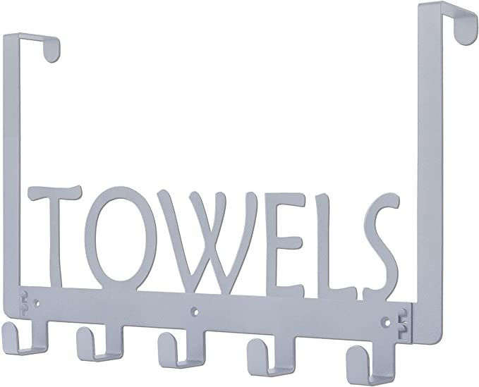 Over The Door Towel Racks for Bathroom, Dual-use Towels Holder with 5 Hooks, Silver-Gray Metal Towel Hanger for Door and Wall Mounted
