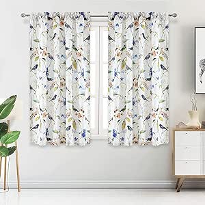 VOGOL Birds Window Curtains, Blue Birds & Flowers Printed Pattern, Home Decor Light Filtering Rod Pocket Panels & Drapes for Bedroom Living Room, 42x54, 2 Pieces