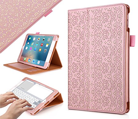 iPad Pro 9.7 Case, WWW® [Luxury Laser Flower] Premium PU Leather Case Protective Cover with Auto Wake/Sleep Feature for Apple iPad Pro 9.7 Pink