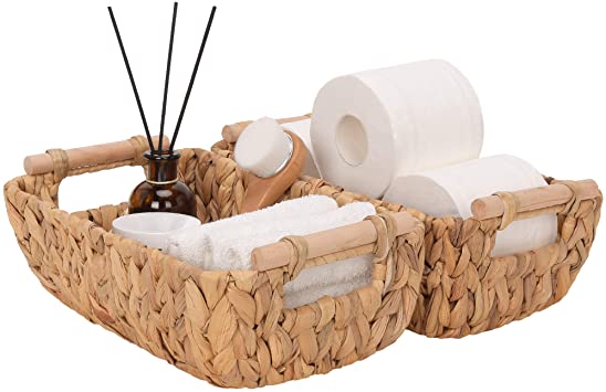 StorageWorks Hand-Woven Small Wicker Baskets, Water Hyacinth Storage Baskets with Wooden Handles, 12" x 7.2" x 4.3", 2-Pack