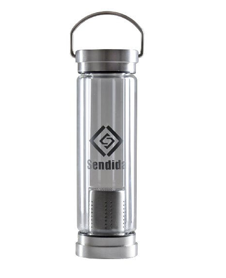 Sendida Portable Glass Water Bottle - Double Walled Insulated Glass Thermoses Flasks, Thermal Carafes, with Stainless Steel Twist Off Lids, Tea Infuser and Handle for Sports