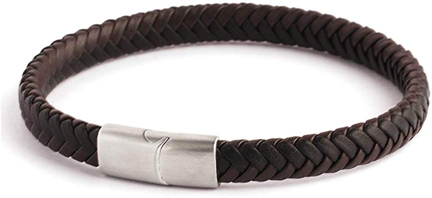 MERIT OCEAN Genuine Leather Bracelet for Men Brown and Black Interlaced Fashion Bangle Bracelet Stainless Steel Clasp