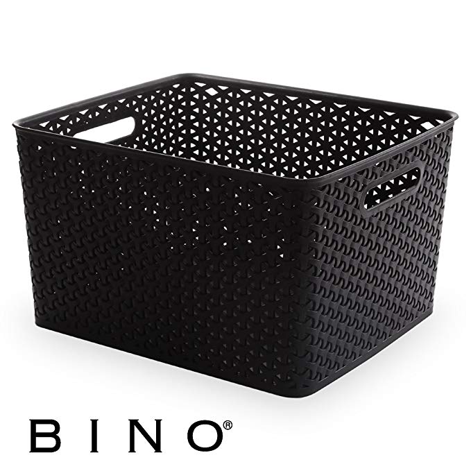BINO T-Weave Woven Plastic Storage Basket, Large (Black)