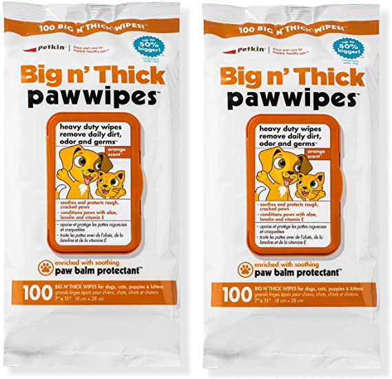 Petkin Big N' Thick Paw Wipes, 100 Orange Scented Wipes, 2 Pack - Heavy Duty Pet Paw Wipes Remove Daily Dirt, Odors, Has Soothing Paw Balm - Easy to Use Pet Wipes for Dogs, Cats, Puppies Kittens