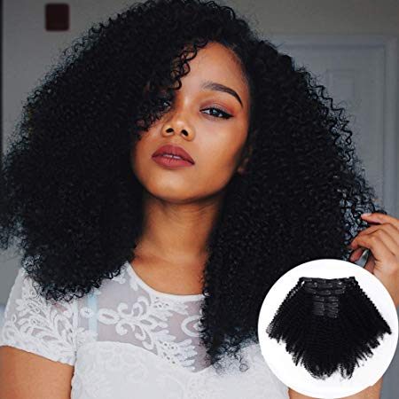 Vanalia 3C 4A Curly Hair Clip Extensions Human Hair Double Wefted Natural Black 100% Remy Human Hair 120 Gram 7 Pieces 18 Clips for African American Black Women Afro Kinkys Curly 16 Inch