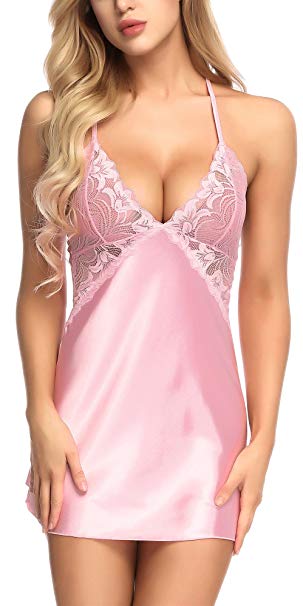 RZS Womens Sexy Lingerie Lace with Satin Babydolls Sets Comfortable Retractable Sling Nightwear