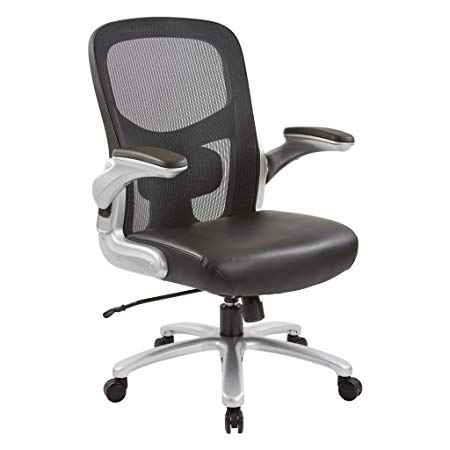Office Star Big and Tall Mesh Back and Padded Bonded Leather Seat Executive Chair with Adjustable Lumbar Support, Adjustable Flip Arms, and Silver Accents, Black