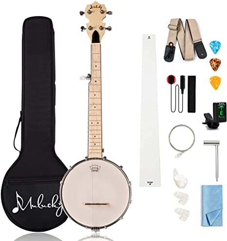 Mulucky 5 String Banjo Mini - 28 Inch Travel Banjo Maple Body Closed Solid Back Beginner Kit With Gig Bag Tuner Picks Strings Strap - B805