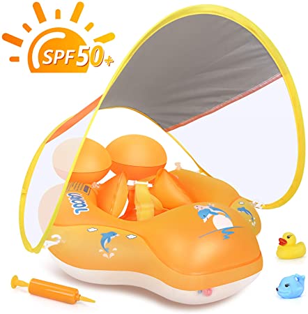 LAYCOL Baby Swimming Pool Float with Removable UPF 50  UV Sun Protection Canopy,Toddler Inflatable Pool Float for Age of 3-36 Months,Swimming Trainer (Yellow, L)