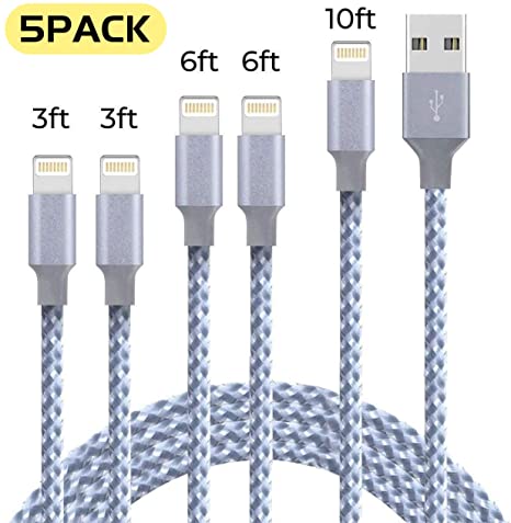 iPhone Charger beegod Lightning Cable Compatible with iPhone 11/11Pro/X/XS/XR/8Plus/7Plus iPad/iPod Fast Charging Cords Durable Nylon Braided Extra Long 3ft 6ft 10ft (5 Pack)