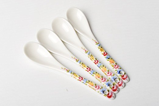 Porlien White Porcelain Flower-patterned Appetizer Spoons 5 Inch Long-Set of 4 (Flower-patterned Handle)