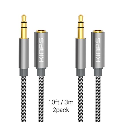 Kinps Audio Auxiliary Stereo Extension Audio Cable 3.5mm Stereo Jack Male to Female, Stereo Jack Cord for Phones, Headphones, Speakers, Tablets, PCs, MP3 Players and More (10ft/3m, Nylon-Black-2Pack)