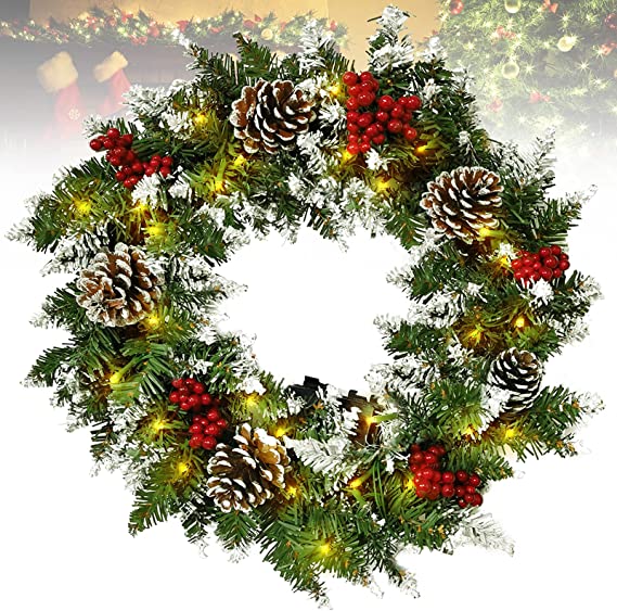24 Inch Wintry Pine Christmas Wreath with Cones, Winter Snowflake Christmas Wreaths for Front Door Foyers Shop Windows Fireplaces Walls New Years Christmas Decorations Indoor Outdoor(60.96cm)